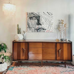 Wooden sideboard in a living room with abstract art, plants, and a rug.